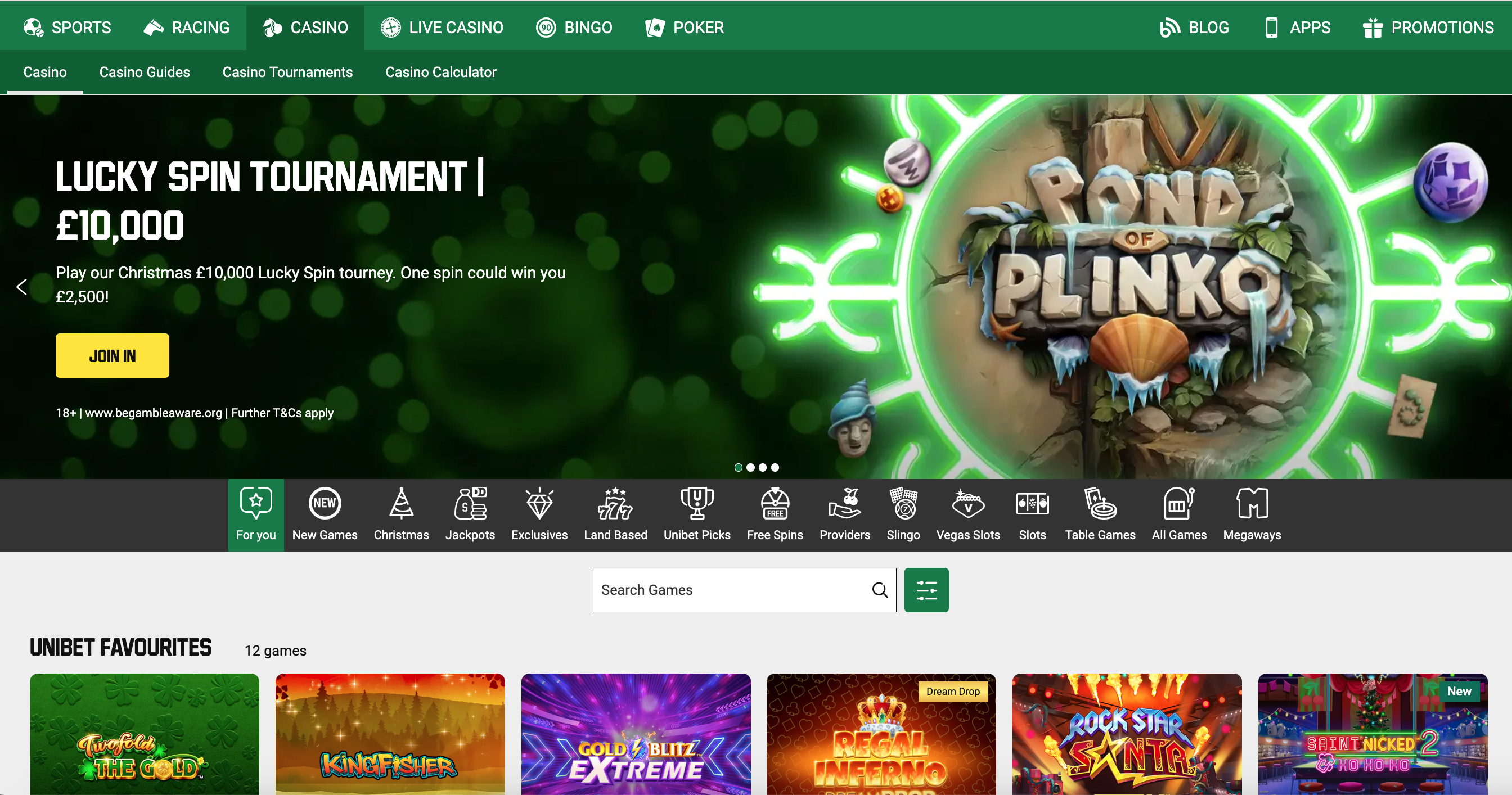 Unibet casino section, with features promotions at the top and slots games below